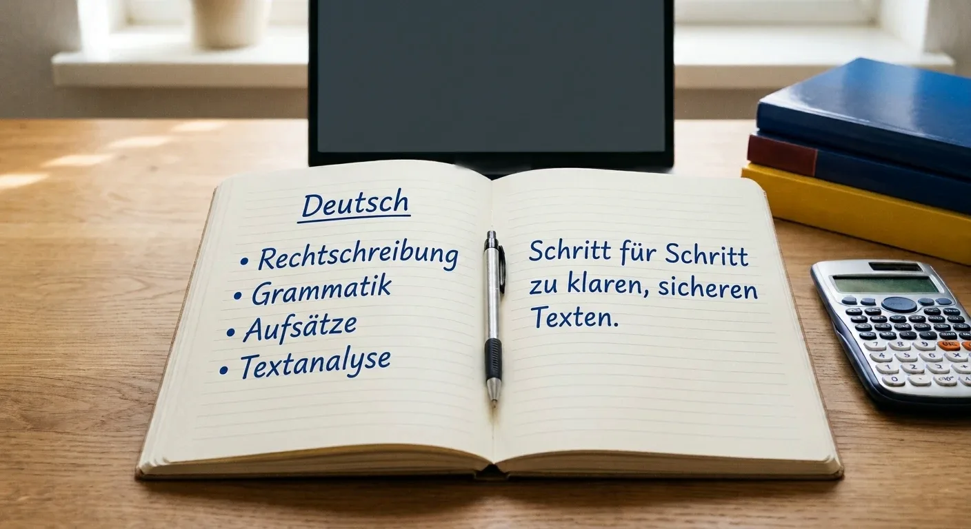 Aufgeschlagenes Notizbuch mit Stift auf einem Schreibtisch, daneben Bücher, Laptop und Taschenrechner. Text im Notizbuch: Deutsch. Rechtschreibung, Grammatik, Aufsätze, Textanalyse. Schritt für Schritt zu klaren, sicheren Texten.