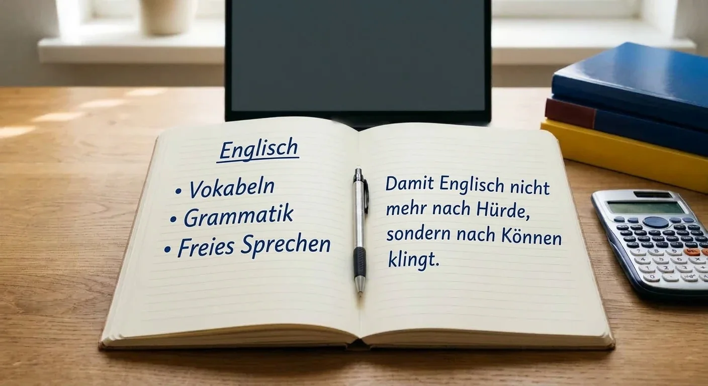 Aufgeschlagenes Notizbuch mit Kugelschreiber auf einem Holztisch, dahinter Bildschirm, Bücher und Taschenrechner. Text im Buch: Englisch. Vokabeln, Grammatik, freies Sprechen. Damit Englisch nicht mehr nach Hürde, sondern nach Können klingt.