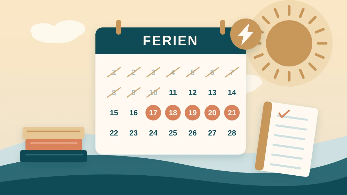 Illustration: Ferienkalender mit markierter Crashkurs-Woche und Sonne