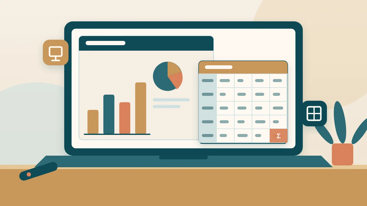 Illustration: Laptop mit Präsentationsfolie und Excel-Tabelle